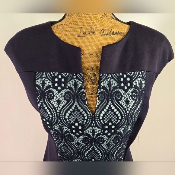 Connected Apparel Navy & Aqua Midi Dress w Front Lace Panel Sz 10 - Picture 3 of 9